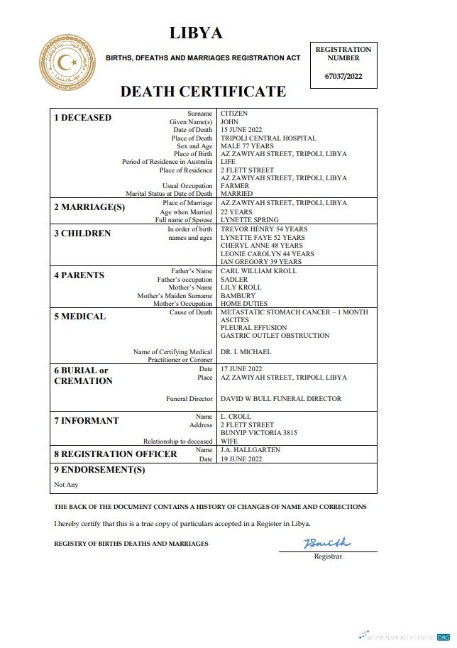Download Libya death certificate Word and PDF template Photoshop template